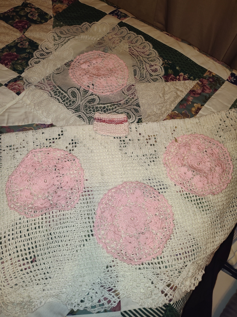 Handmade Crochet Table Runner with Pink Rosettes